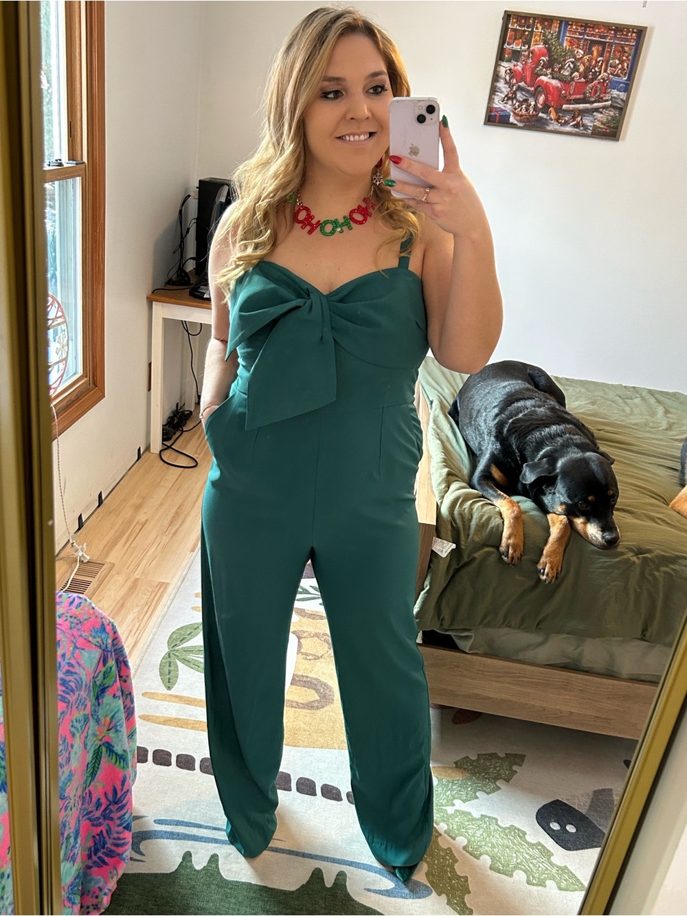 Worn 1x Lilly Pulitzer emerald green jumpsuit with bow at front